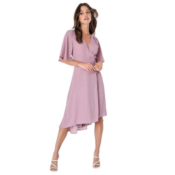 Lulus Dresses & Skirts - NEW Lulus Farah Pink Mauve V Neck Polka Dot Tie Flutter Sleeve Midi Wrap Dress M